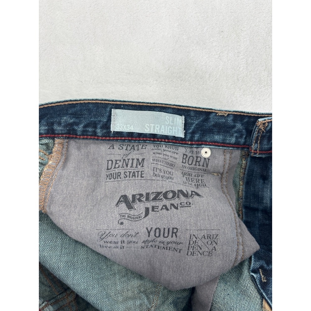Arizona Jean Co Slim Straight Mens 33x34 Blue Dark Wash Denim Jeans - Picture 4 of 12
